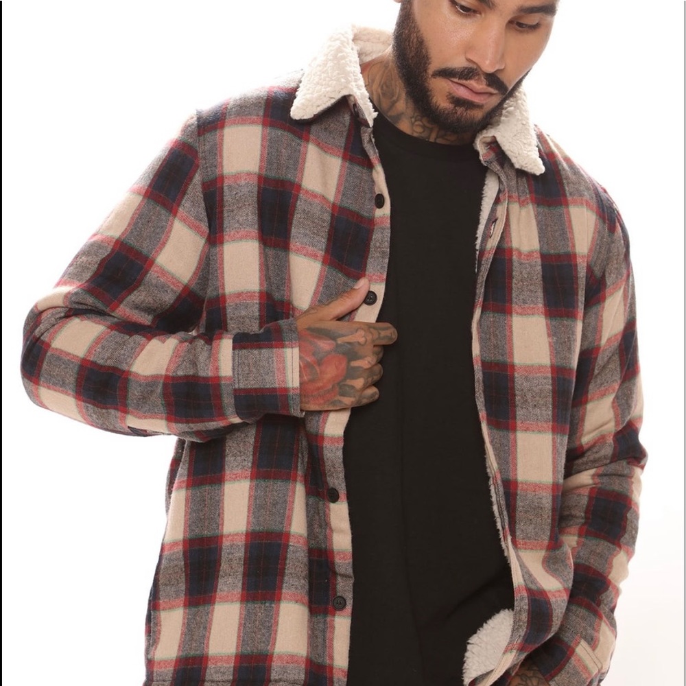 NOVAMEN -
Sherpa Flannel Shacket -
Red/combo -
SIZE L